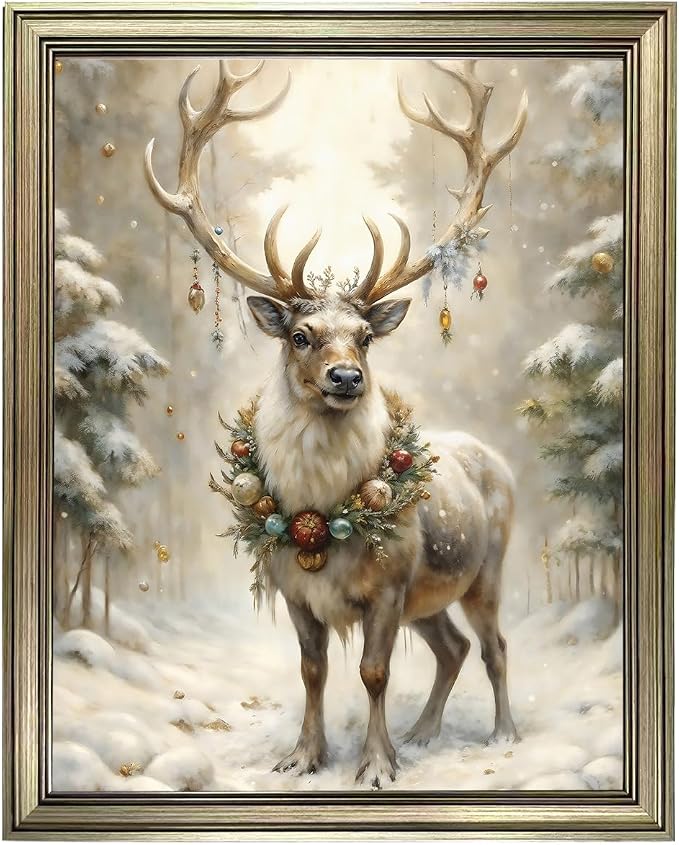 Vintage Framed Reindeer Wall Art Winter Canvas Print Home Decor Deer Picture Painting Christmas Decorations - skull wall art