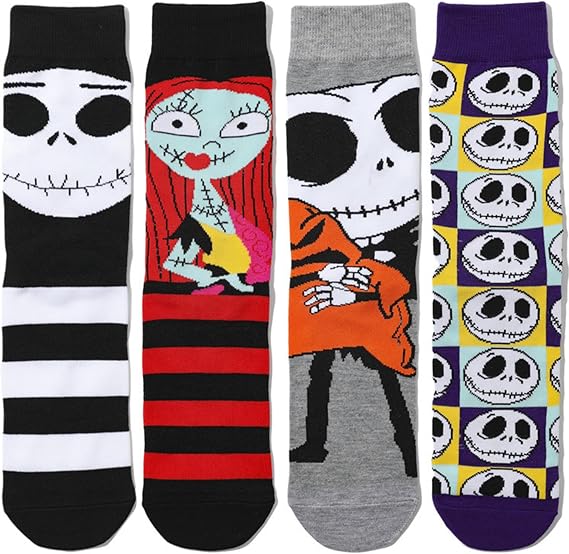 4 Pairs Halloween Socks Boo Basket Stuffers for Women Nightnare Before Chrismas Socks Gifts Character Sublimated Crew Socks Halloween Christmas Christmas Gifts for Her Women Men - skeleton