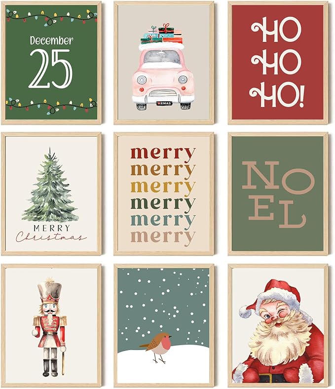 Aroutde 9Pcs Boho Wall Art Prints - Vintage Christmas Picture Canvas Wall Decor - Winter Trendy Art Posters - For Kitchen, Bathroom, Living Room (8 x 10 Inch Unframed) - skull wall art
