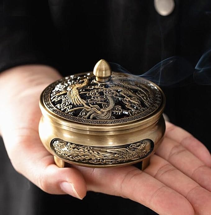 EatingBiting 3.1" Incense Burner Dragon Phoenix Carved Pure Copper Sandalwood Three Legged Stove Office Home Chinese Style Incense Burner with Lid - skull incense burner