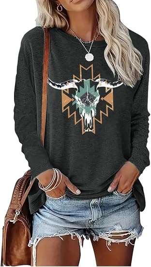 Country Concert Tops Band Tees 90s Country Graphic Tees Fall Shirts for Women Long Sleeve Top Western Tops Cowgirl Shirt - skull leggings
