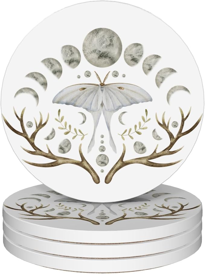 Drinks Coasters Set of 4, Luna Moth Round 4" Cup Coasters, Absorbent Ceramic Stone Coasters with Cork Base, Cute Coasters for Table Home Décor, Ideal Gifts for Women Men - skull coaster