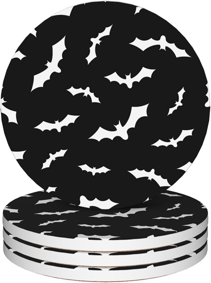 Drinks Coasters Set of 4, Bat Round 4" Cup Coasters, Absorbent Ceramic Stone Coasters with Cork Base, Cute Coasters for Table Home Décor, Ideal Gifts for Women Men - skull coaster