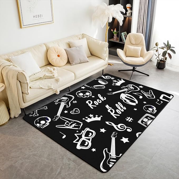 Rock and Roll Area Rug 3'x5',Musical Notes Headset Bass Guitar Print Non Slip Carpet for Kids Teens Adults,Cute Stars Skull Heart White Sketch Decorative Shedding Rug for Bedroom Playroom Backyard - skull carpet