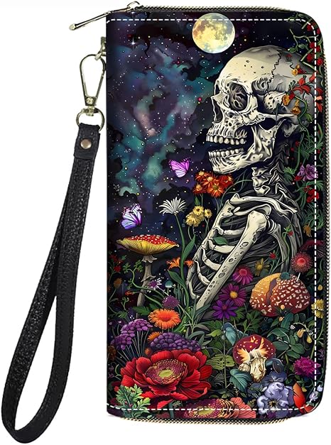 Women's Large Capacity Wallet PU Leather Zip Around Clutch Purse Multifunctional Wallet with Removable Wristlet Strap for Smart Phone/Coin/Card/Cash, Skull Flowers Under Moon - skull wallet