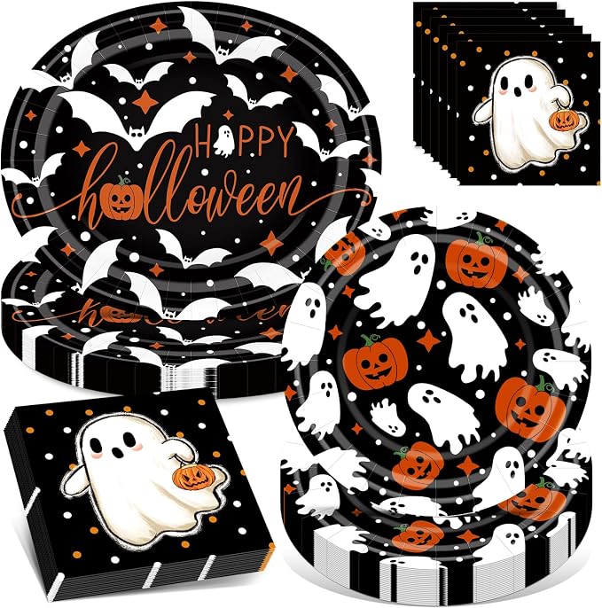 100PCS Halloween Paper Plates and Napkins Set- (25 Guests) - skull plate