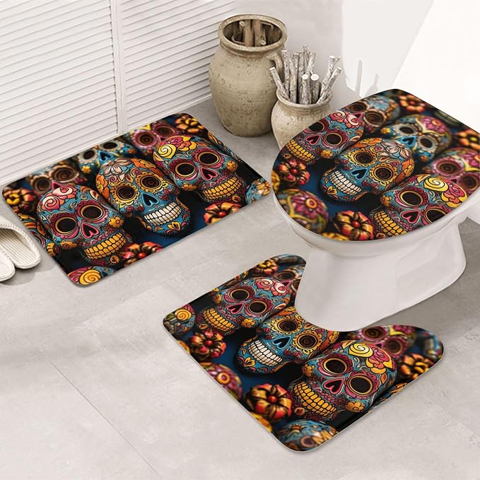 Bathroom Rugs Sets 3 Piece Super Absorbent Bathroom Mats Set Colorful Sugar Skulls Bath Rug, Contour Mat and Toilet Lid Cover, Washable Non-Slip Bath Mats Carpet for Bathroom Shower Mat - skull carpet
