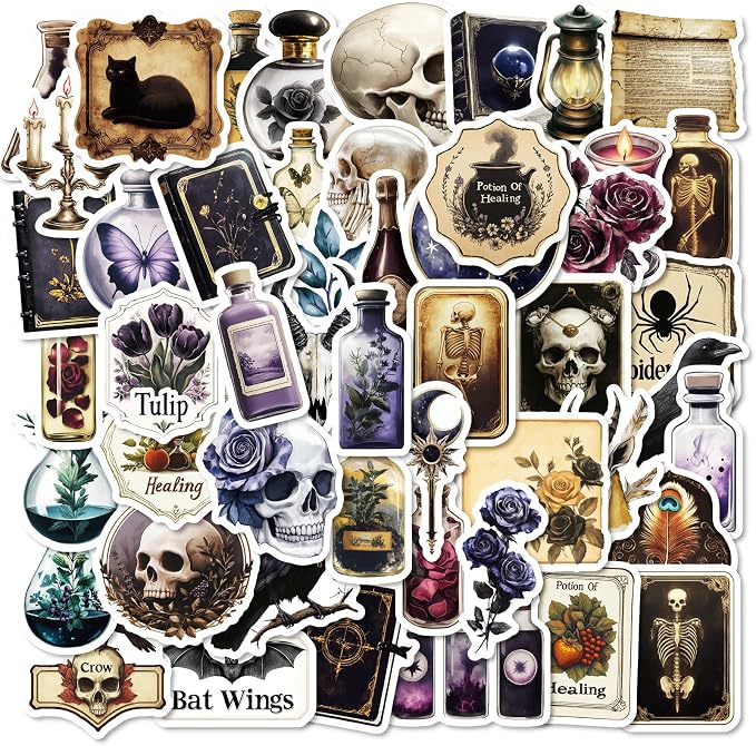 50Pcs Gothic Stickers Pack, Vintage Skull Stickers for Water Bottle Laptop Scrapbook Journaling Skateboard, Waterproof Vinyl Graffiti Punk Spooky Decals