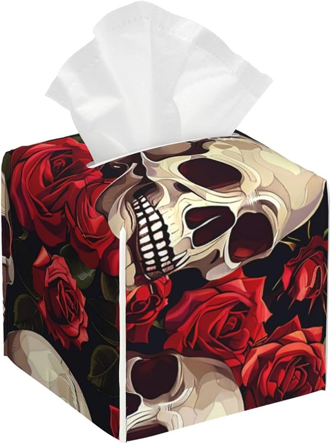 Rose Halloween Skull Tissue Box Cover, Sugar Skeleton Square Tissue Box Holder PU Leather Tissue Organizer Hand Towel Box Cover Kitchen Desktop Home Office Decorative - skull toilet paper