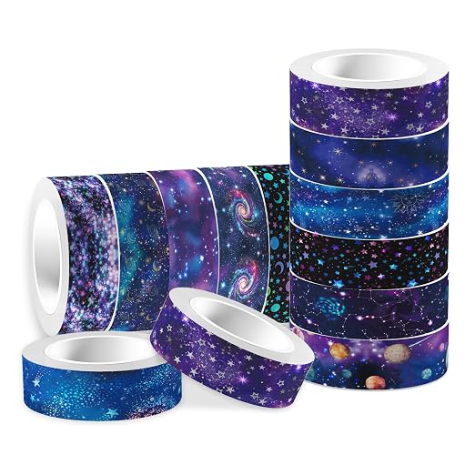 12 Pcs Starry Sky Washi Tape Set Starry Sky Galaxy Washi Tapes Space Themed Patterned Masking Tape Sets Starry Sky Decorative Paper Sticker for Scrapbook DIY Craft Gift Wrapping Handbook Sticker - skull sticker
