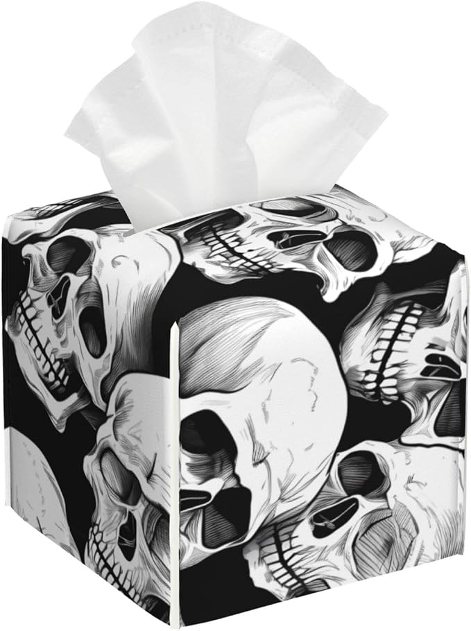 Halloween Skeleton Tissue Box Cover, Skull Square Tissue Box Holder PU Leather Tissue Organizer Hand Towel Box Cover Kitchen Desktop Home Office Decorative - skull toilet paper