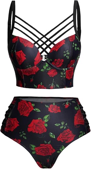 DRESSFO Womens Gothic Retro Skull Rose Mushroom Bikini Set - skull swimsuit