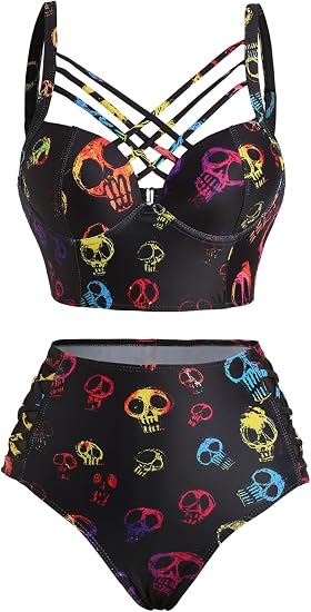 DRESSFO Womens Gothic Retro Skull Rose Mushroom Bikini Set