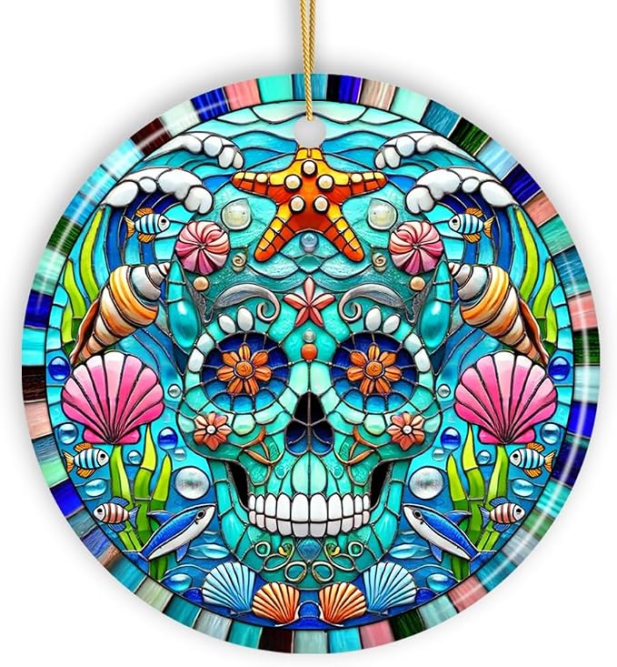Oceanic Oasis Sugar Skull Stained Glass Style Ornament, Marine Wonder and Decor - skull wreath