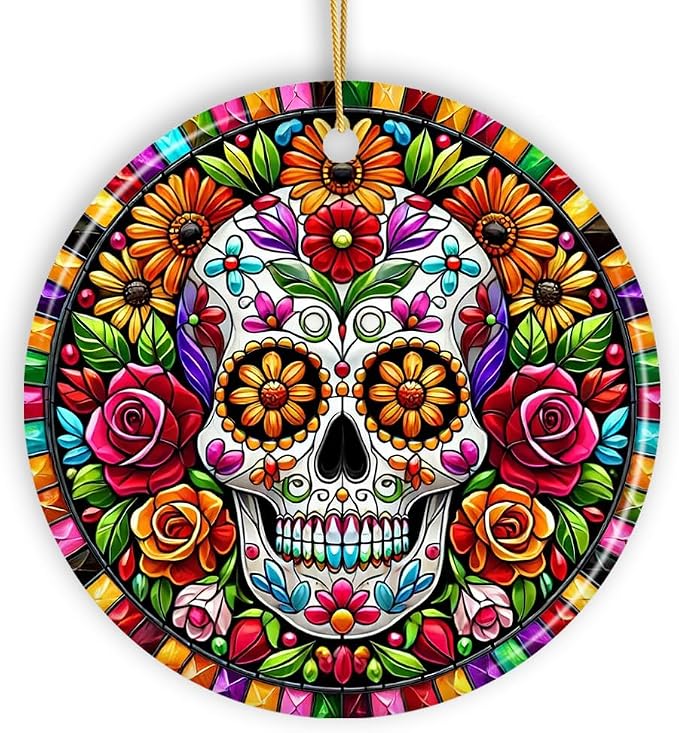 Floral Celebration Sugar Skull Stained Glass Style Ornament, Lush Blossom and Decor - skull wreath
