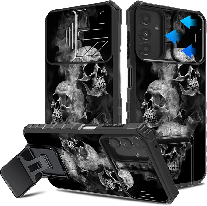 for Samsung Galaxy A16 5G Case with Slide Camera Cover and Built-in Kickstand,Military Grade Shockproof Bumper Protective Black Cover for Galaxy A16 5G,Smoke Skull - Skull phone case