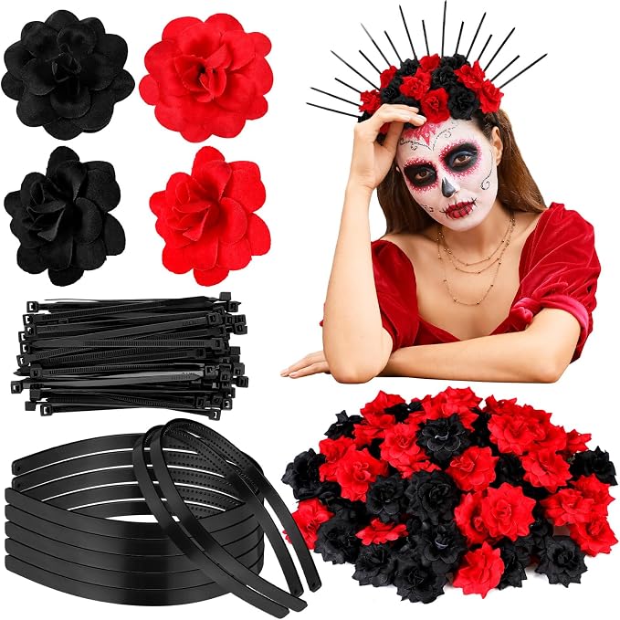 XunYee 224pcs Day of The Dead Headpiece, Dia De Los Muertos Rose Headband - skull headband