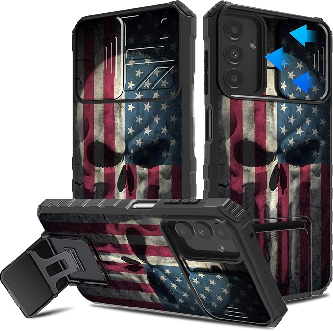 for Samsung Galaxy A16 5G Case with Slide Camera Cover and Built-in Kickstand,Military Grade Shockproof Bumper Protective Black Cover for Galaxy A16 5G,Skull Flag - Skull phone case