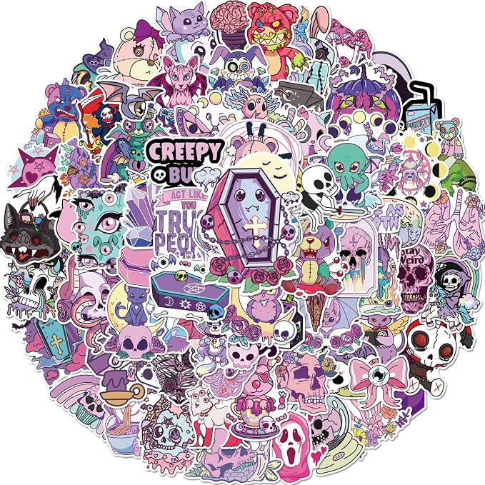 100 Pcs Kawaii Pastel Goth Stickers, Cute Creepy Stickers, Soft Purple Gothic Waterproof Vinyl Gifts for Laptop, Water Bottle,Phone, Luggage, Teens Adults - skull sticker