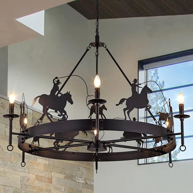 TOCHIC 48 inch Rustic Chandelier, Black Farmhouse Wagon Wheel Chandeliers - skull lamp