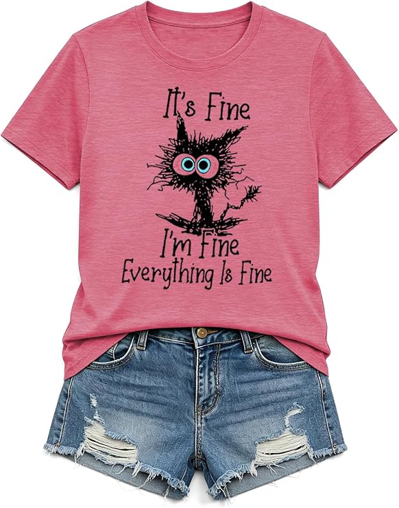 Women Cute Cat Shirt Everything is Fine Graphic Tees Short Sleeve Tops - skull tshirt