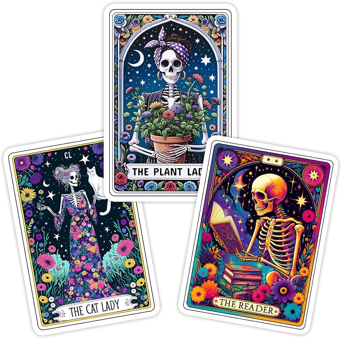 (3Pcs) The Plant The Reader The Cat Lady Tarot Inspired Stickers 3'' Nature Bookworms Plant Cat Lovers Skeleton Witchy Gothic Vinyl Decal for Laptops Water Bottles Journals - skull sticker