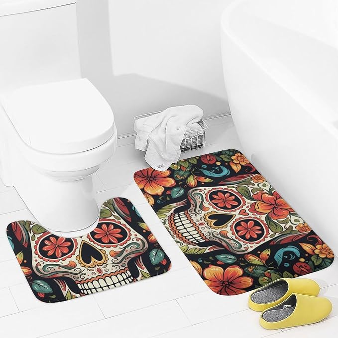 Bathroom Rugs Sets 2 Piece Bath Mat Soft Absorbent Microfiber Bath Rugs and U-Shaped Contour Toilet Rug Non-Slip Bath Carpet Colorful Sugar Skull Floor Mats for Bathroom - skull carpet