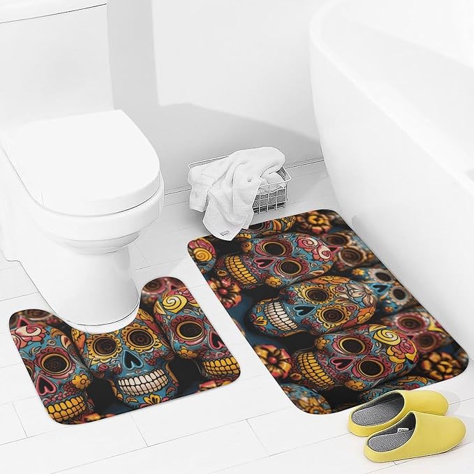 Bathroom Rugs Sets 2 Piece Bath Mat Soft Absorbent Microfiber Bath Rugs and U-Shaped Contour Toilet Rug Non-Slip Bath Carpet Colorful Sugar Skulls Floor Mats for Bathroom - skull carpet