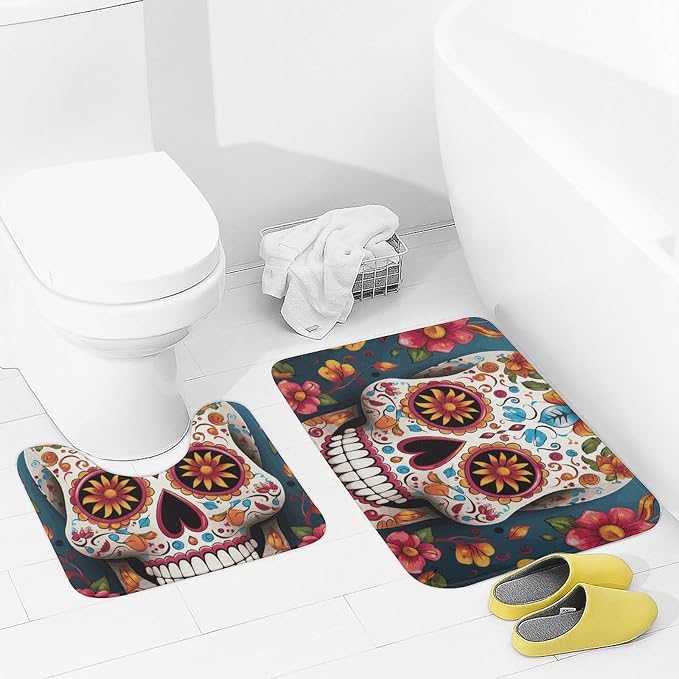 Bathroom Rugs Sets 2 Piece Bath Mat Soft Absorbent Microfiber Bath Rugs and U-Shaped Contour Toilet Rug Non-Slip Bath Carpet Colorful Sugar Skull Floor Mats for Bathroom