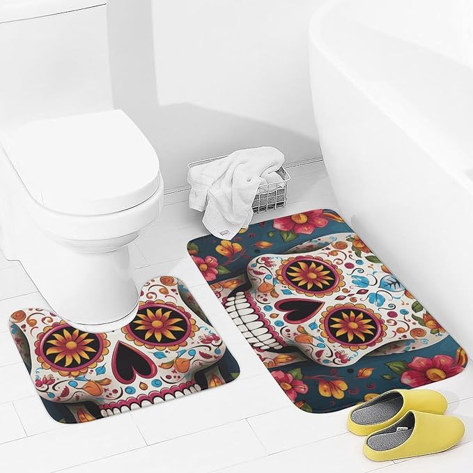Bathroom Rugs Sets 2 Piece Bath Mat Soft Absorbent Microfiber Bath Rugs and U-Shaped Contour Toilet Rug Non-Slip Bath Carpet Colorful Sugar Skull Floor Mats for Bathroom - skull carpet