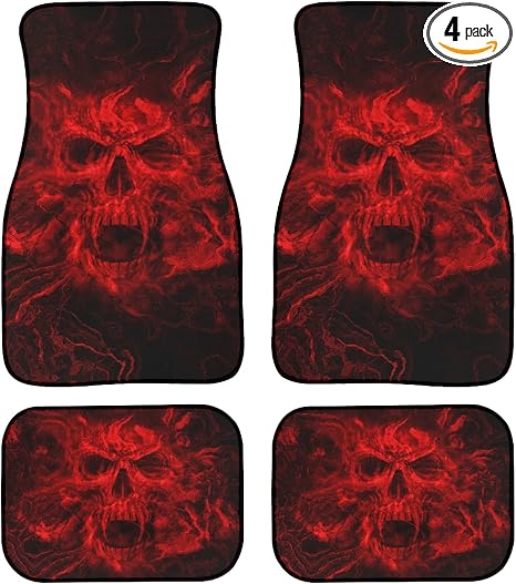 Red Skull Car Floor Mats Full Set of 4,Gothic Skull Skeleton Horror Skull Art Abstract Design Universal Front Rear Car Rugs Custom Floor Mats for Cars Auto Car Decor Accessories for Trucks - skull carpet