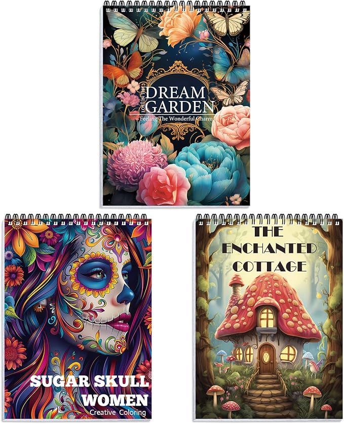 3Pcs Coloring Book for Adult Women Relaxation, Spiral Bound, Printed Single-Sided, Anxiety and Depression, Gifts Arts and Crafts for Women to Relax - sugar skull book