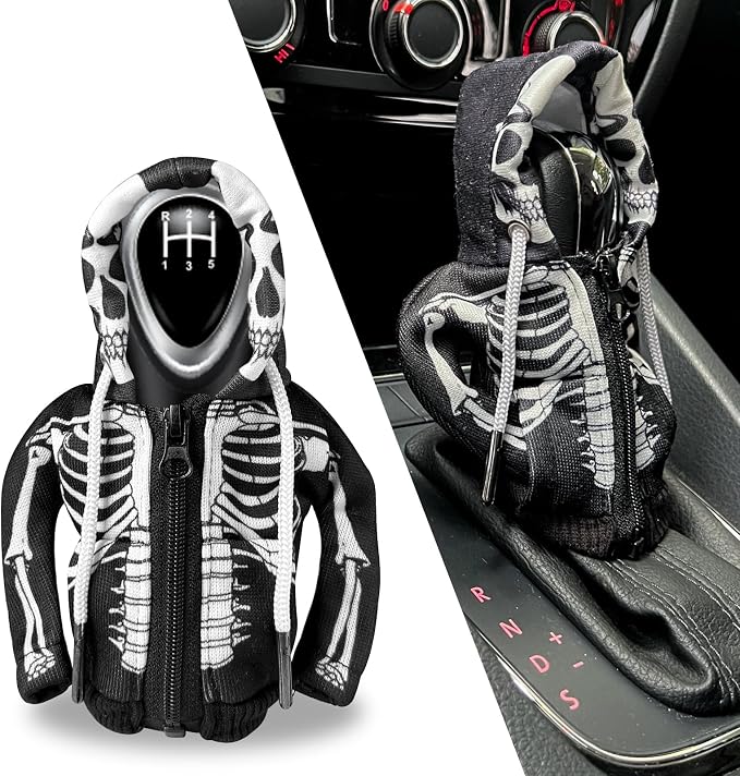 HXOUSE Skull Gear Shift Hoodie - Easy to Put & Remove Shifter Hoodie with Zipper, Soft & Comfortable Fabric Shift Knob Hoodie Fits Most Car Shifters Enhance Your Driving Experience - skull hoodie