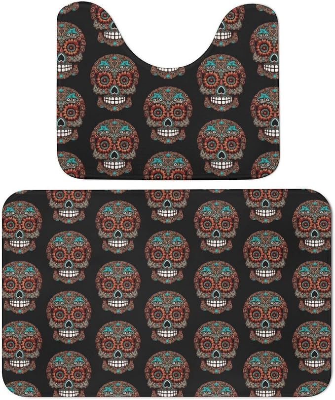 Coral Fleece Rug Set of 2, Sugar Skulls Day of The Dead Printed Bathroom Rug U-Shaped Toilet Mat Soft Non-Slip Absorbent Mat for Bathroom Floor, Tub and Shower - skull toilet mat