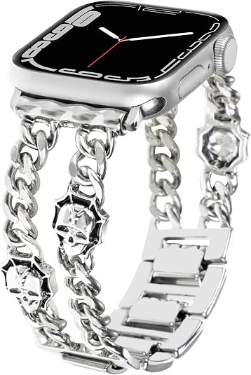 Cuban Chain Band Compatible with Apple Watch Bands Women Men 46 49 45 44 42 41 40 38mm,Cowboy Metal Link with Retro Cross Skull Module Wristband for iWatch Series 10 9 8 7 6 5 4 3 2 SE Ultra 2 - skull watch