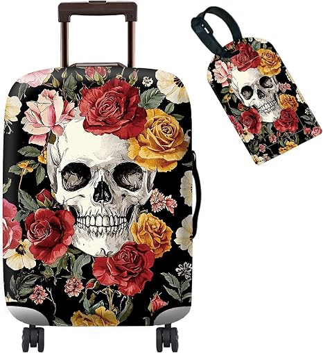 Luggage Cover Plus - Sugar Rose Skull Travel Suitcase Cover for 18-20 inch Luggage (S) with Concealed Zipper, Washable Elastic Cloth, Dustproof, Anti-Scratch - skull suitcase