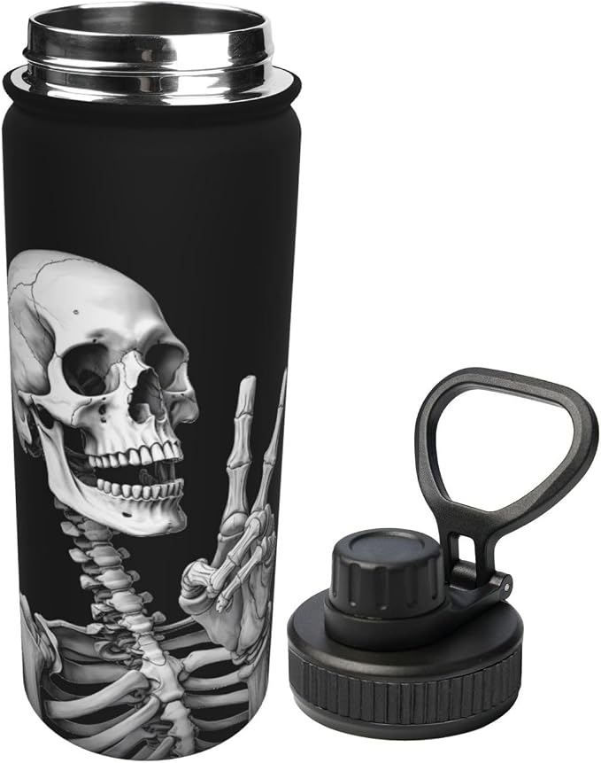 Rock and Roll Skull Skeleton 18 OZ Insulated Stainless Steel Bottles, Hippie Sports Water Tumbler with Lid Unisex Insulated Water Cup for Outdoor Sports Hiking Cycling
