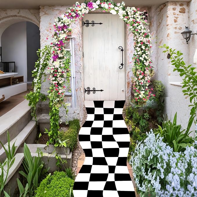 Preboun 1 Pcs Wonderland Party Decorations Black White Checkered Runner - skull carpet