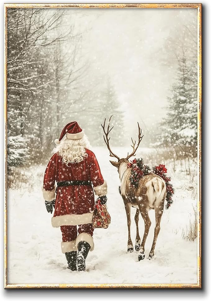 Santa Claus and Deer Canvas Wall Art Christmas Landscape Artwork Vintage Winter Painting Santa and Reindeer Picture Christmas Forest Print Winter Snow Scene Canvas Wall Art for Room 16x24inch No Frame - skull wall art