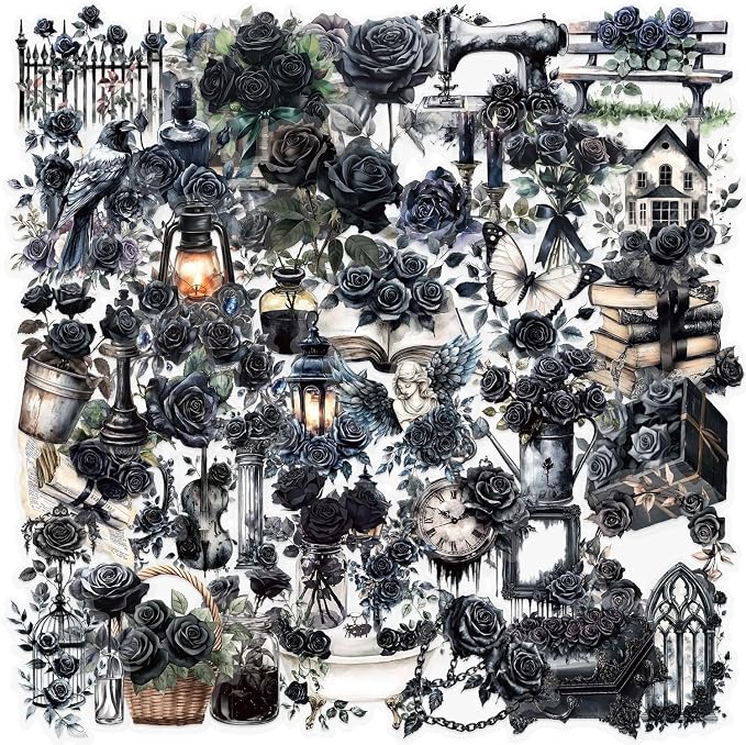 50-Piece Gothic Black Rose Stickers - Vintage Transparent Waterproof Scrapbook Stickers for Journaling, Gothic Decor, Planners - Dark Aesthetic with Floral, Book, Candle, Angel - skull sticker