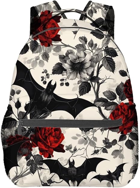 Bat and Rose Pattern Backpack Travel Backpacks Laptop Rucksack,School Bookbag for Women Kids Boys Girls,Gothic Floral Back Pack Accessories Bags,Ideal Gifts for Work, Outdoor Adventures - skull backpack