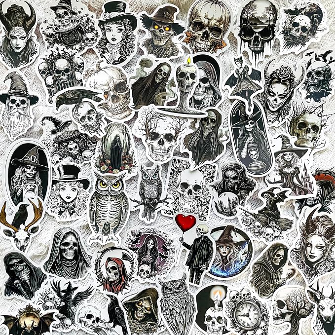 50pcs Black Horror Medieval Gothic Satanic Sticker - Vintage Skull, Witch, Grim Reaper, Owl, Crow Waterproof Vinyl Decals for Laptops, Water Bottles, Scrapbooking, Spooky Aesthetic Decor - skull sticker