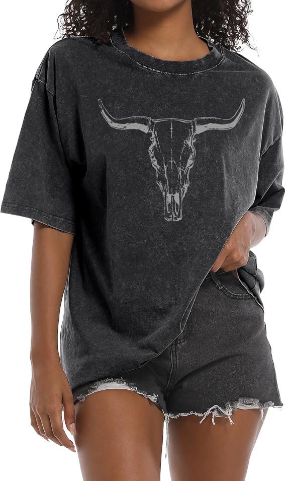 Wrenpies Western Cow Skull Shirts for Women Oversized Cowgirl Country Concert Vintage Graphic Tees Cowboy Rodeo T Shirt Tops - skull tshirt