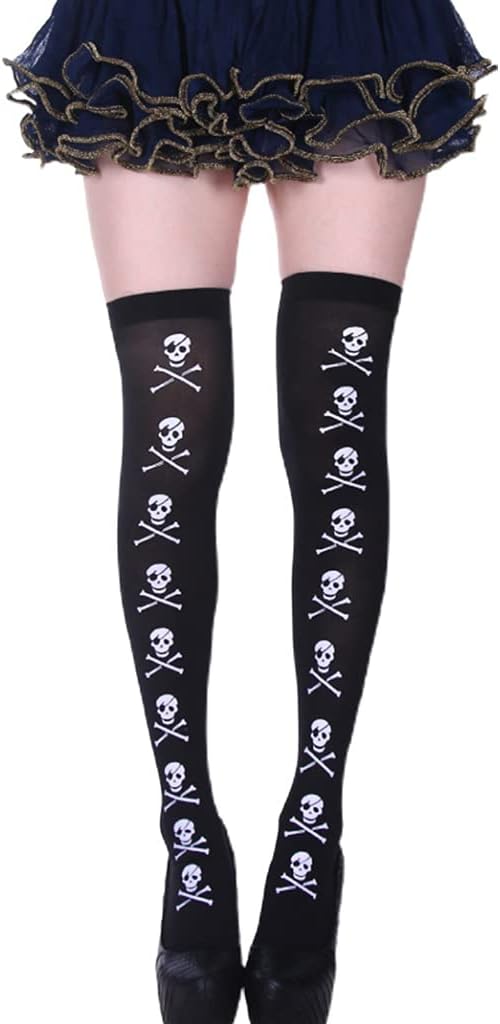Women Halloween Black Thigh High Stockings Skull Skeleton Over Knee Socks - sugar skull costume