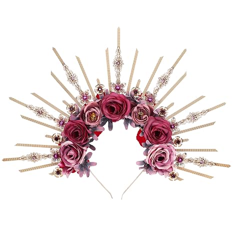 Renfaire Flower Halo Crown - Handmade Fantasy Purple and Pink Rose Headpiece with Crystal Gold Spiked Greek Goddess Headband for Women Fairy Elf Cosplay Renaissance Halloween Wedding - skull headband