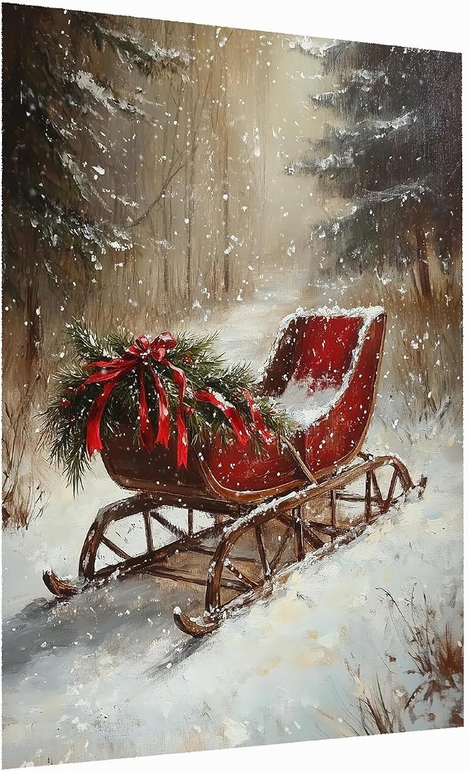 Vintage Christmas Sleigh Wall Art,Vintage Winter Sleigh Poster,Christmas Sleigh Art,Christmas Landscape Painting,Winter Scene,Rustic Holiday Home Decor 16x24inch Unframed - skull wall art