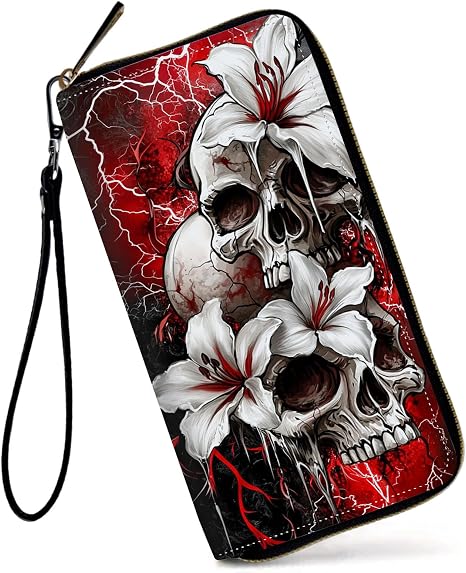 Womens Wallet, Large Capacity RFID Blocking PU Leather Wristlet Wallets for Women Ladies Men Credit Card Holder Zipper Wallet Phone Holder Clutch Travel Purse, Art Skull Flower - sugar skull handbags for sale