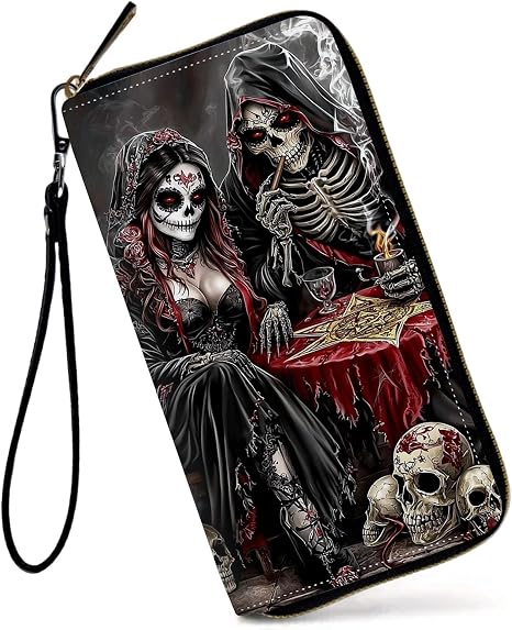 Womens Wallet, Large Capacity RFID Blocking PU Leather Wristlet Wallets for Women Ladies Men Credit Card Holder Zipper Wallet Phone Holder Clutch Travel Purse, Human Bone Skull - skull wallet