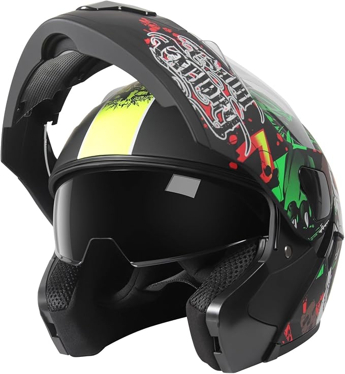 DOT Approved Modular Flip Up Motorcycle Helmet, Dual Visor Full Face Adult - skull helmet