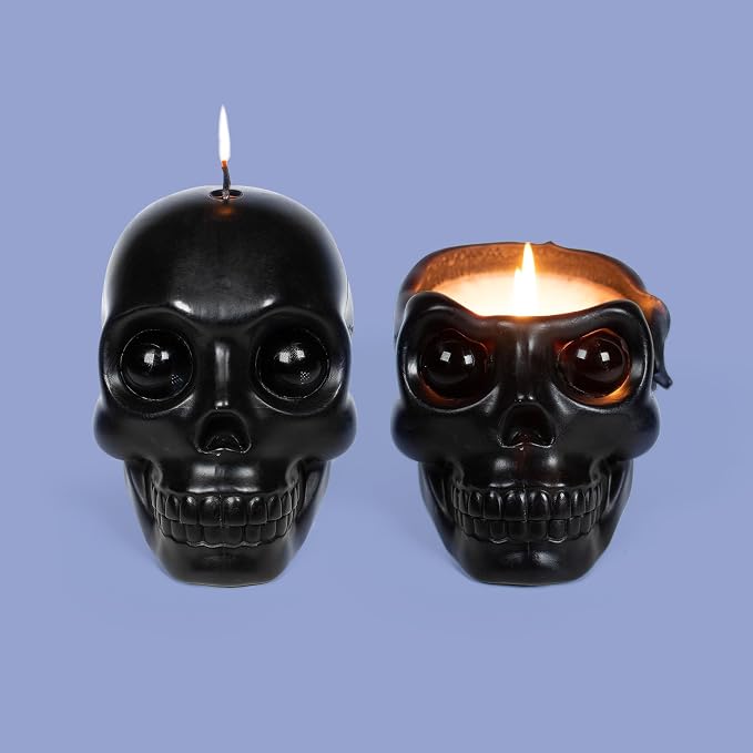 Skull Candle with Crystal Eyeballs (Black) | Unique Melting Skull Design with Illuminated Crystal Eyes | Double Wick | 20-Hour Burn Time | Eco-Friendly Gift Box - skull candle